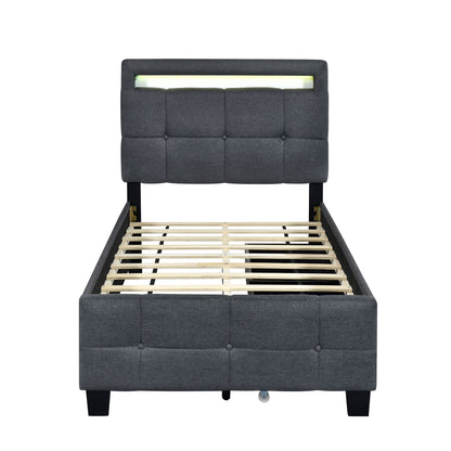 Twin Size Upholstered Platform Bed With LED Frame And 2 Drawers - Gray