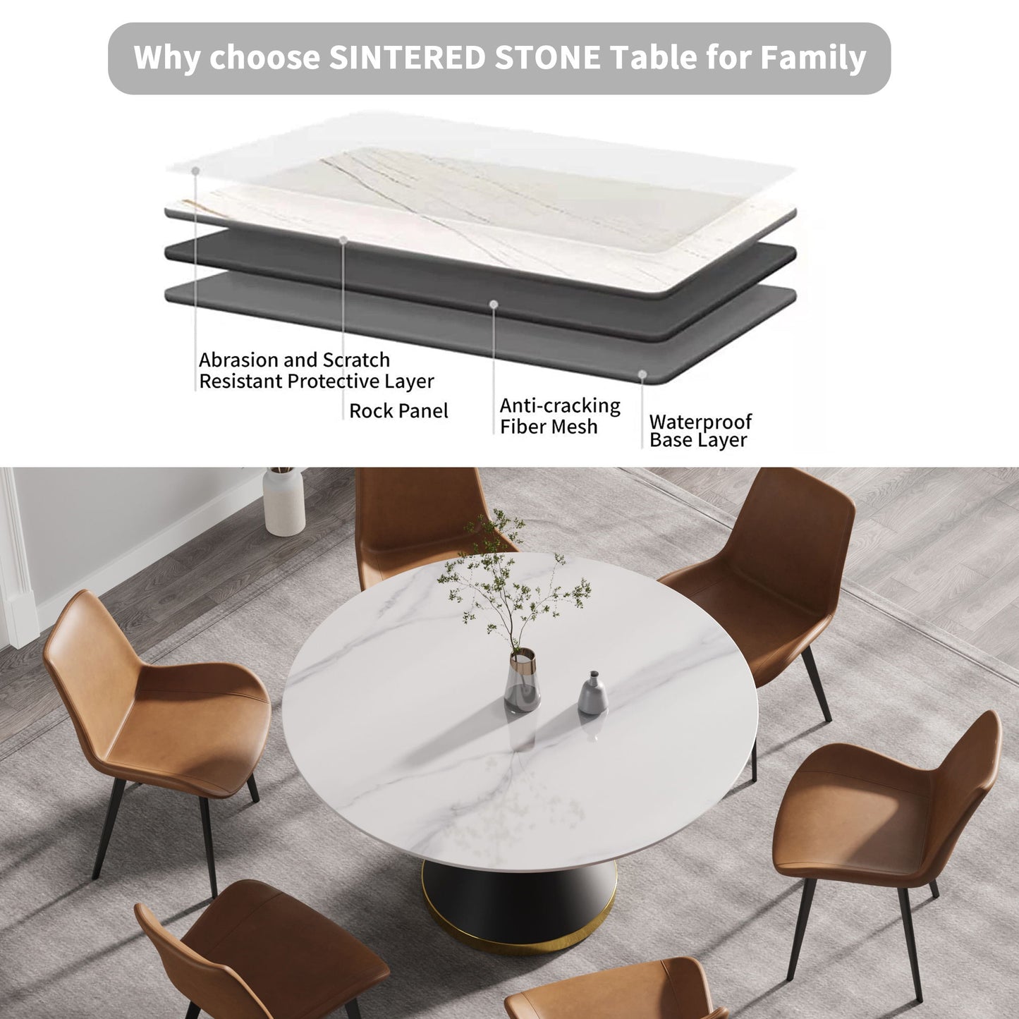 53.15" Modern Artificial Stone Round Carbon Steel Base Dining Table, Can Accommodate 6 People -White / Black