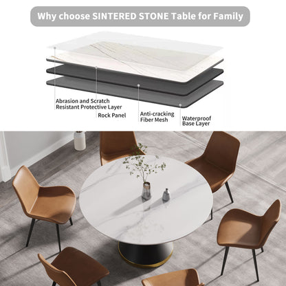 53.15" Modern Artificial Stone Round Carbon Steel Base Dining Table, Can Accommodate 6 People -White / Black