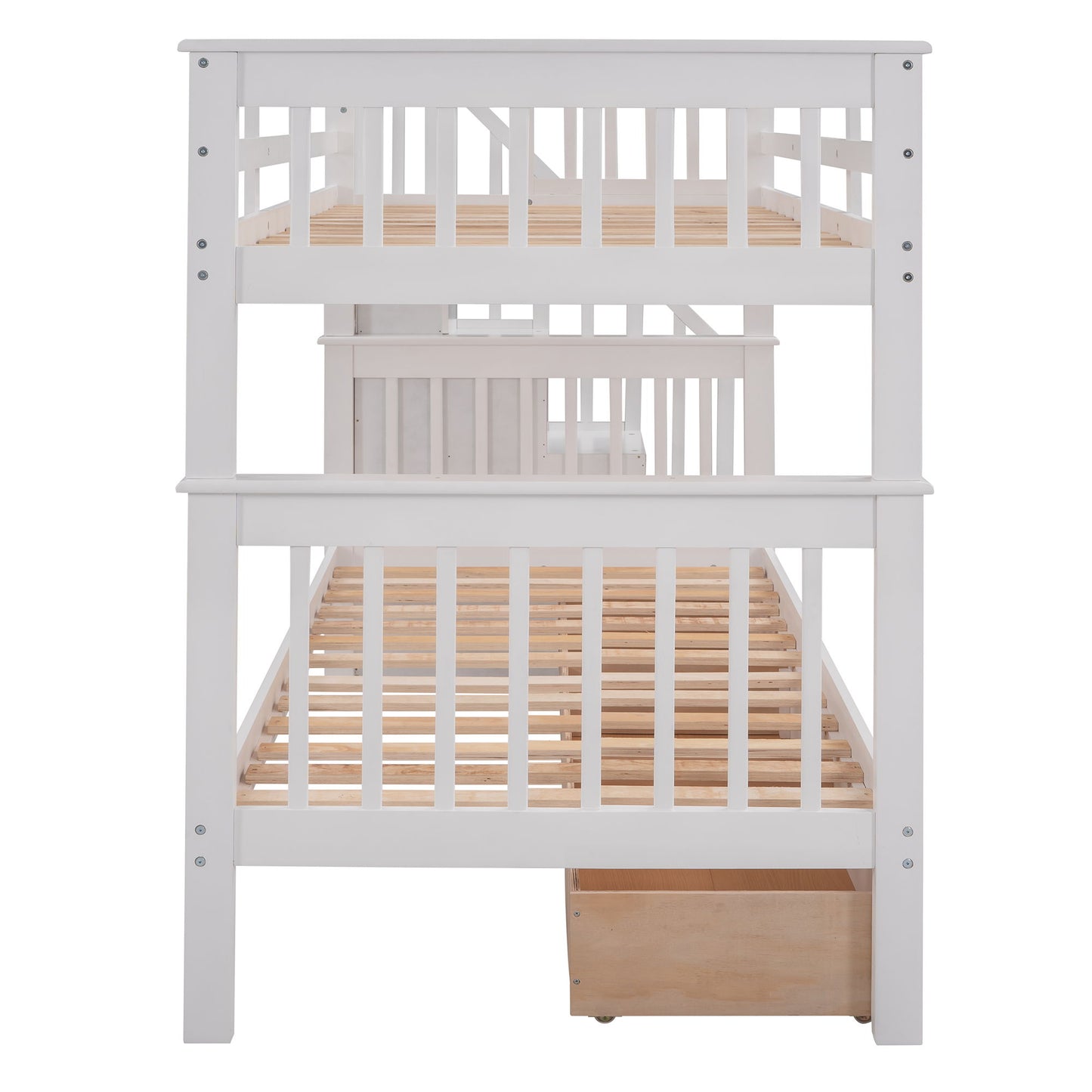 Twin Over Twin Stairway Bunk Bed With Three Drawers For Bedroom - White