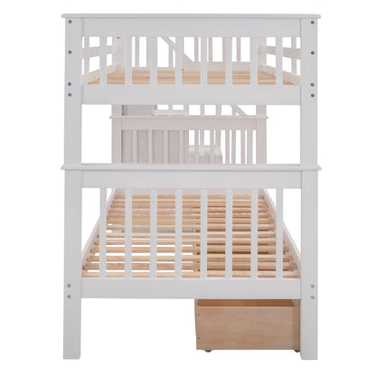 Twin Over Twin Stairway Bunk Bed With Three Drawers For Bedroom - White