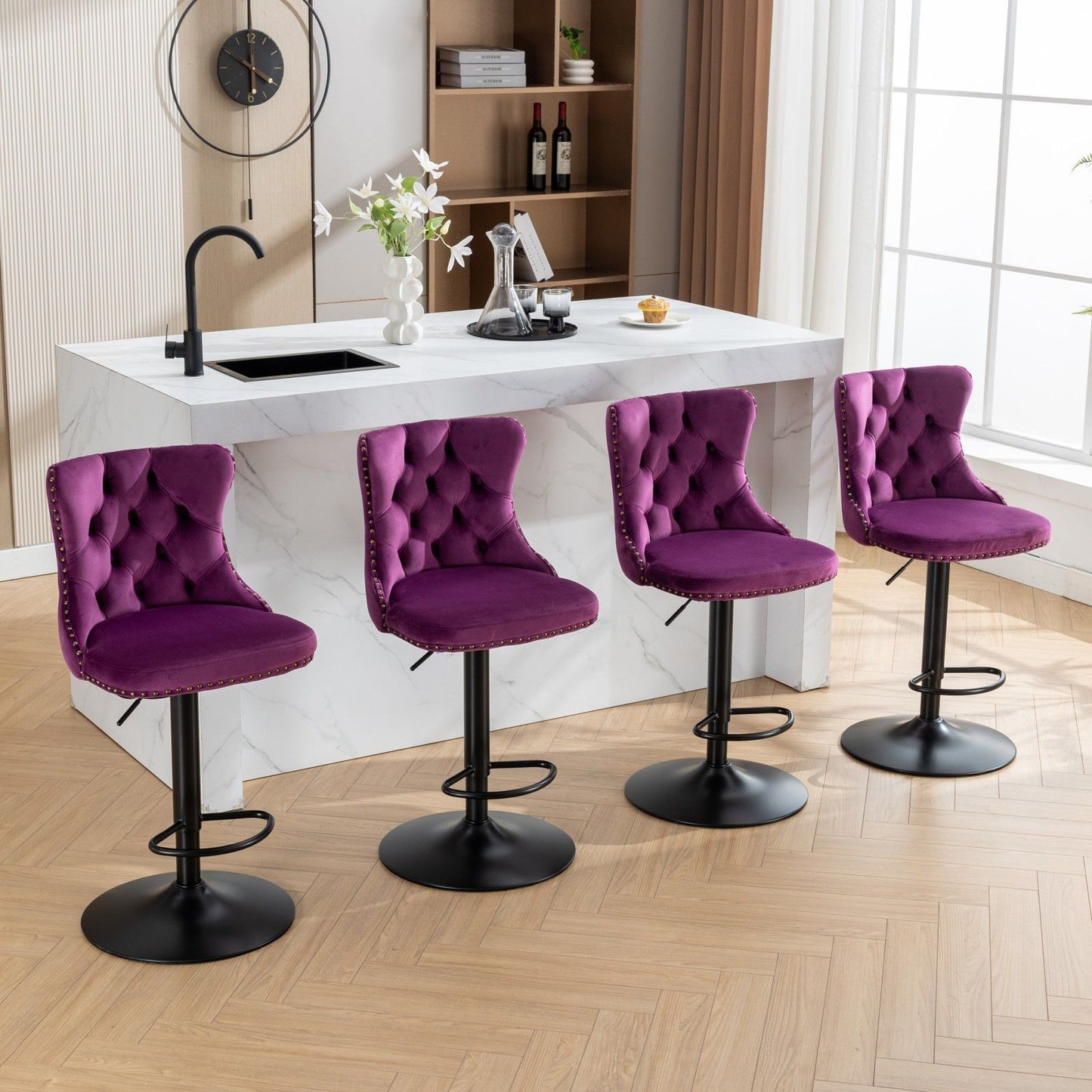 Swivel Velvet Barstools Adjusatble Seat Height , Modern Upholstered Bar Stools With Backs Comfortable Tufted For Home Pub And Kitchen Island (Set of 2) - Purple