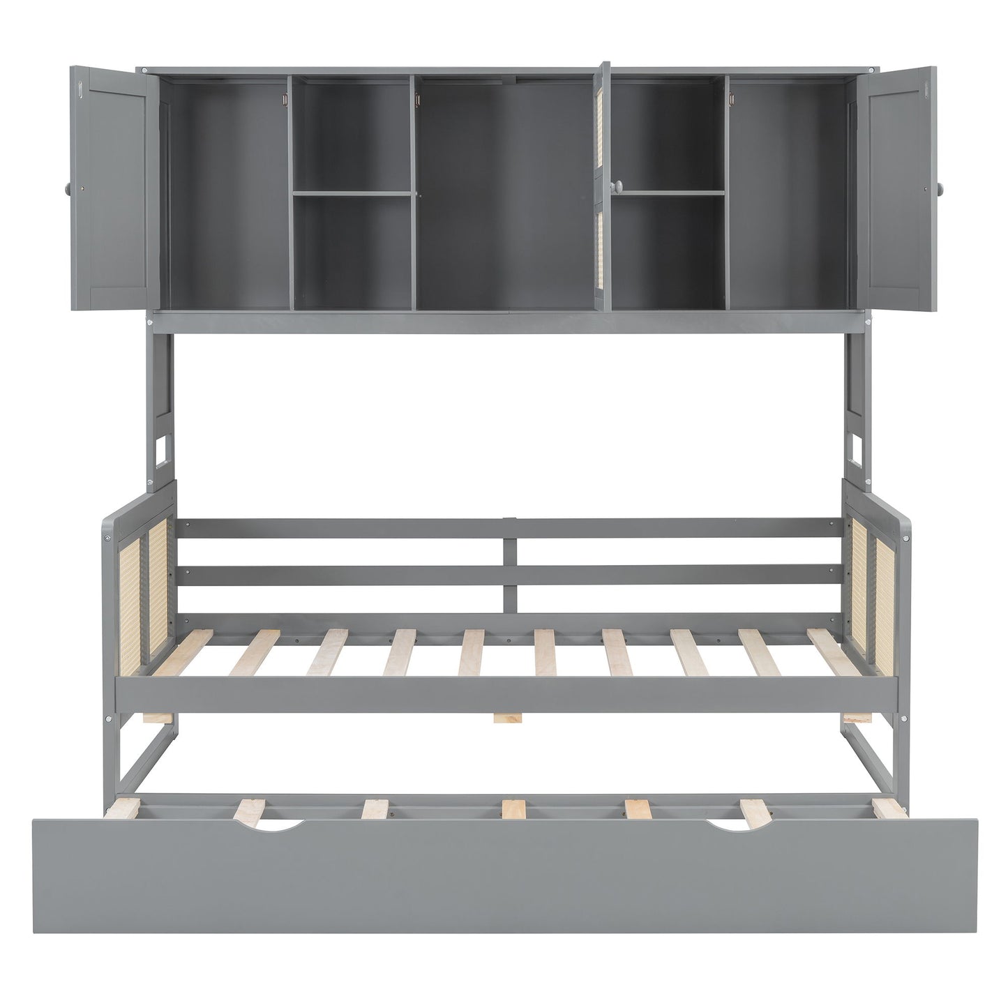 Twin Size Wooden Daybed With Twin Size Trundle, And All In One Cabinet And Shelf - Gray