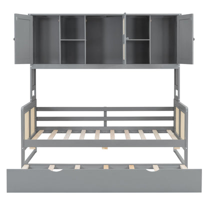 Twin Size Wooden Daybed With Twin Size Trundle, And All In One Cabinet And Shelf - Gray