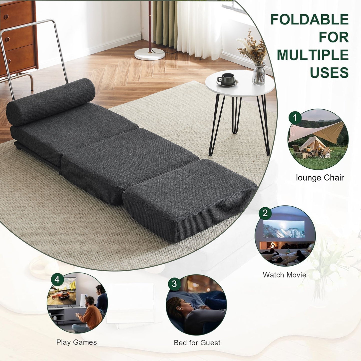 Single Sofa Chair Foldable Single Sofa Bed With Pillow, Portable Foldable Sofa Bed, Leisure Sofa Chair, Easy To Store, Made Of Breathable And Wearable Linen - Dark Gray