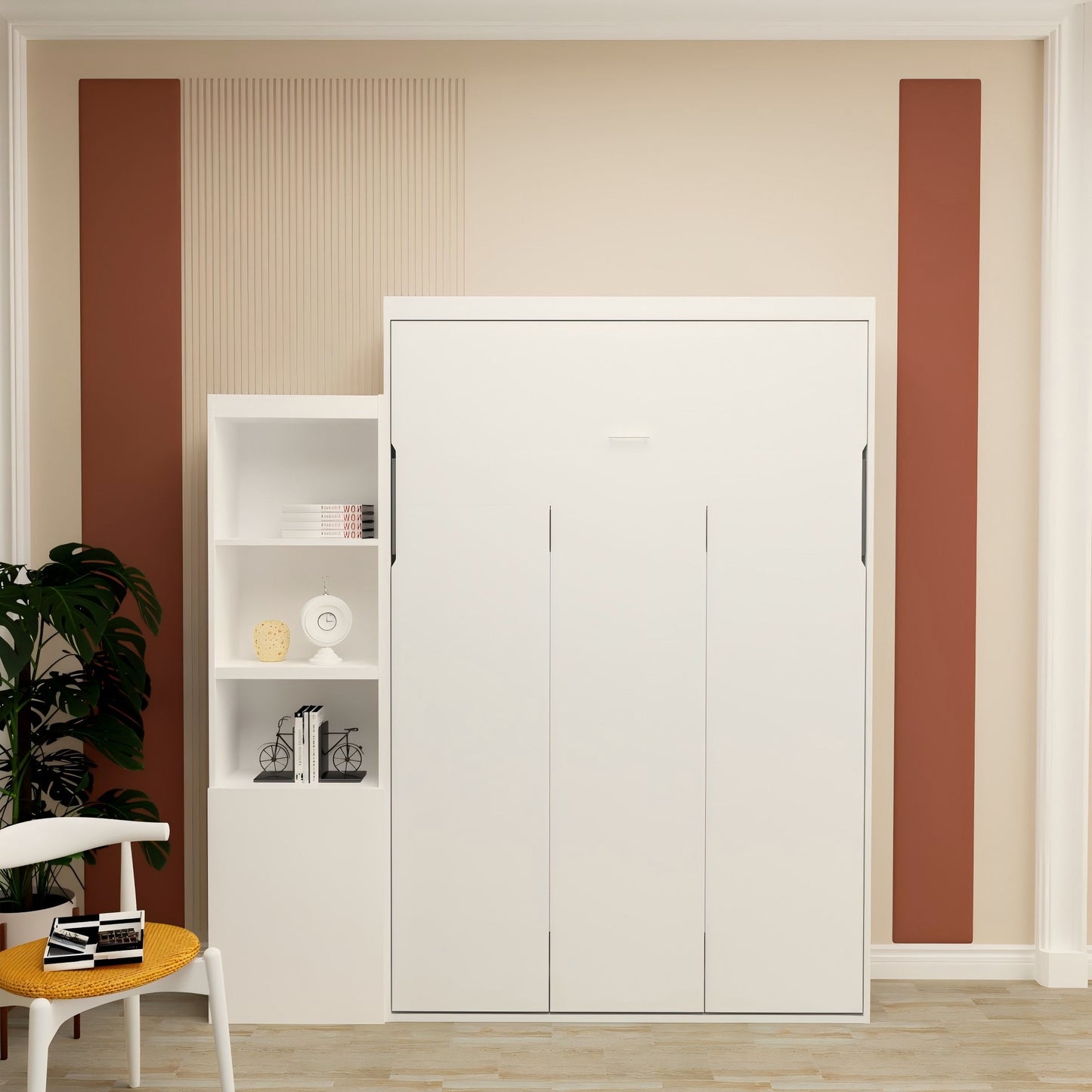 Queen Size Morden Deisgn Big Size Vertical Murphy Bed With Table And Shelf For Bedroom Or Guestroom Wall Bed Space Saving Hidden Bed With New Style Gas Struts - White