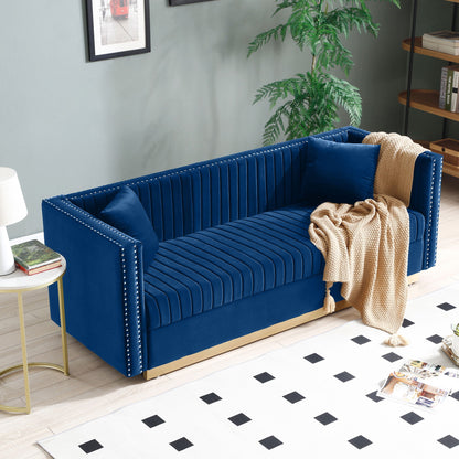 Contemporary Vertical Channel Tufted Velvet Sofa Loveseat Upholstered 2 Pieces Set With 4 Pillows - Blue