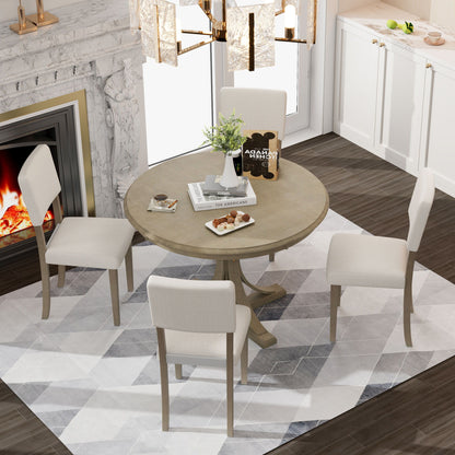 5 Piece Retro Round Dining Table Set With Curved Trestle Style Table Legs And 4 Upholstered Chairs For Dining Room - Taupe
