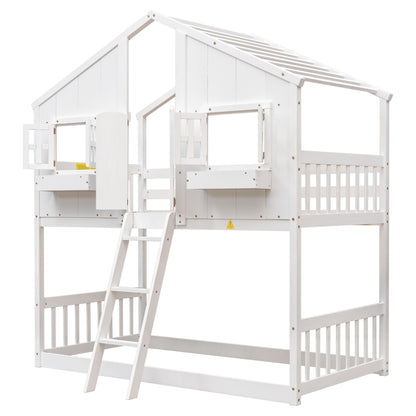Twin Over Twin House Bunk Bed With Roof, Window, Window Box, Door, With Safety Guardrails And Ladder - White