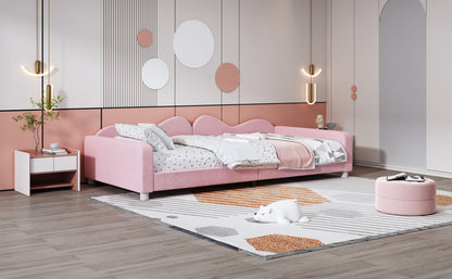 Twin Size Upholstered Daybed, Sherpa Fabric Sofabed With Cloud-Shaped Backrest, No Box - Spring Needed - Pink