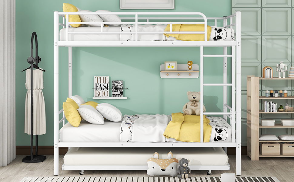 Full Over Full Metal Bunk Bed With Trundle - White