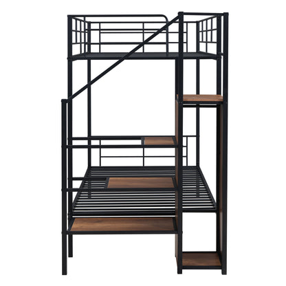 Twin Over Twin Metal Bunk Bed With Lateral Storage Ladder And Wardrobe - Black