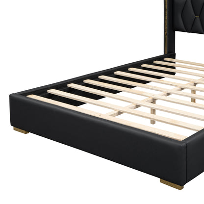 Full Size Upholstered Platform Bed With Strips - Black