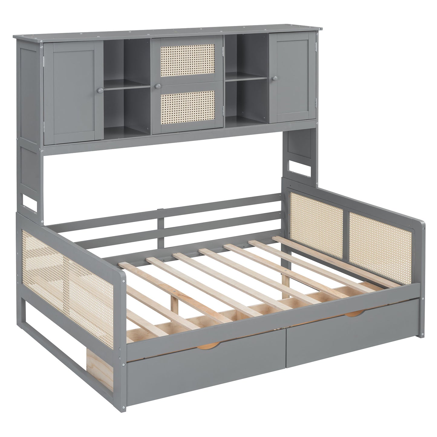 Full Size Wooden Daybed With 2 Drawers, And All In One Cabinet And Shelf - Gray