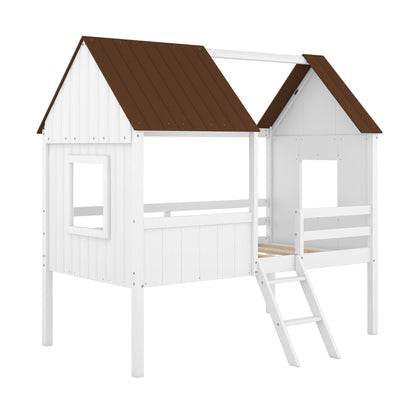 Twin Size Low Loft House Bed With Two Side Windows - White / Brown