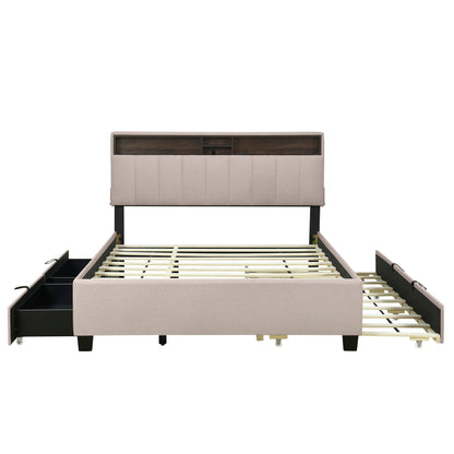 Queen Size Upholstered Platform Bed With Storage Headboard, Twin Long Size Trundle & 2 Drawers And A Set Of Sockets & USB Ports - Beige