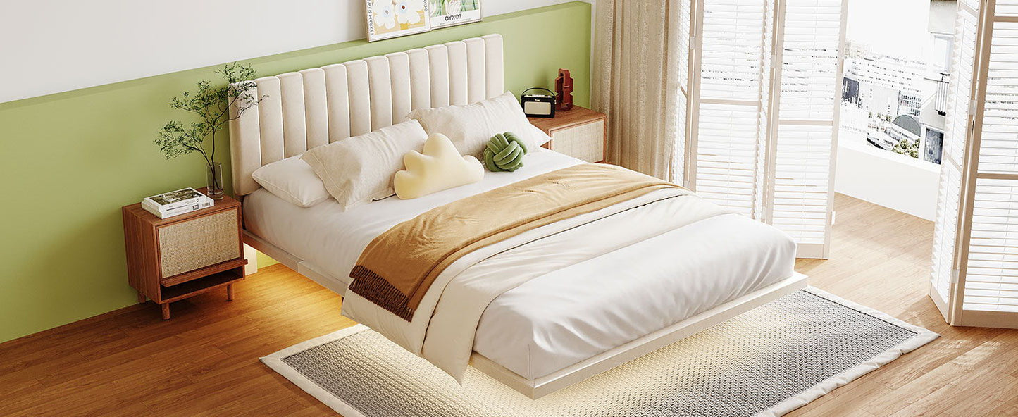Queen Size Upholstered Bed With Sensor Light And Headboard, Floating Platform Bed - Beige