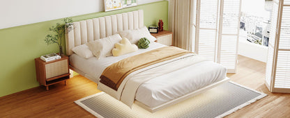 Queen Size Upholstered Bed With Sensor Light And Headboard, Floating Platform Bed - Beige