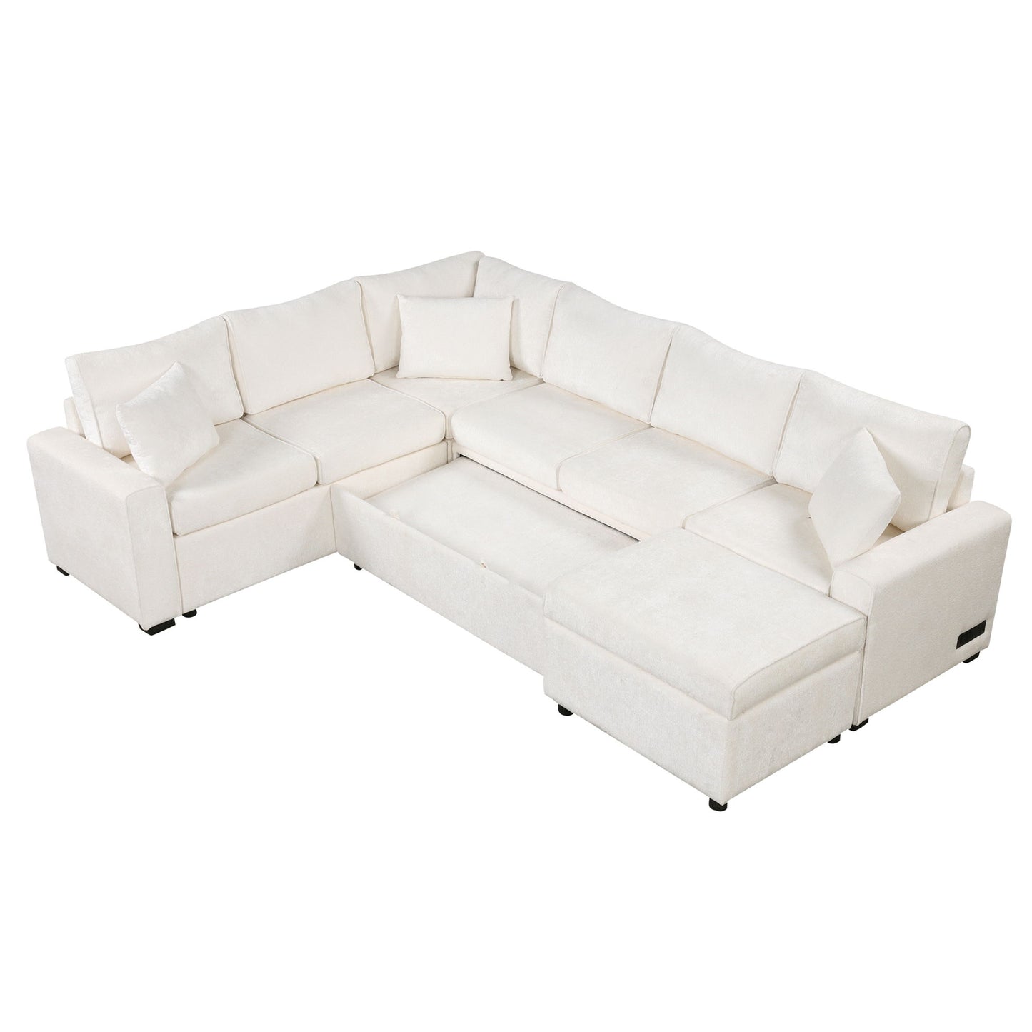 Sectional Sofa Pull-Out Sofa Bed Sleeper With A Storage Ottoman, Three Pillows And Charging Devices For Living Room - Cream