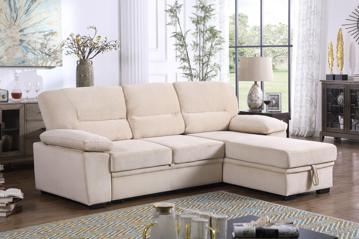 Kipling - Velvet Fabric Reversible Sleeper Sectional Sofa Chaise - Beige