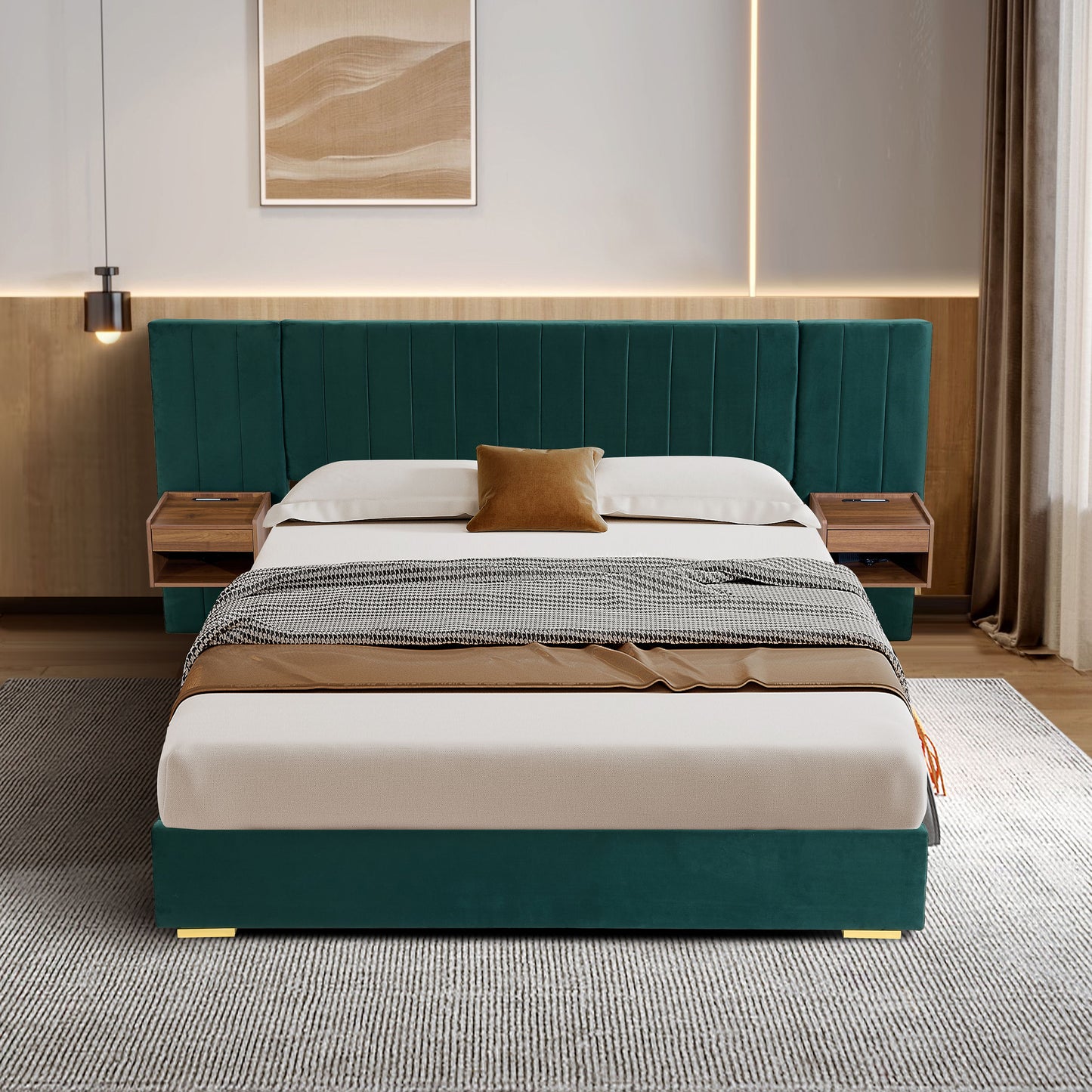 Upholstered Queen Size Bed Frame Of Velvet Tufted Headboard With Floating Nightstand LED / USB Built - Green