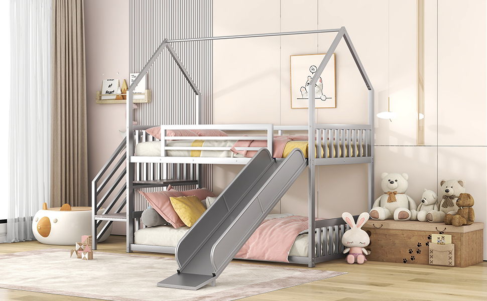 Twin Over Twin Metal Bunk Bed House Bed With Slide And Staircase - Silver