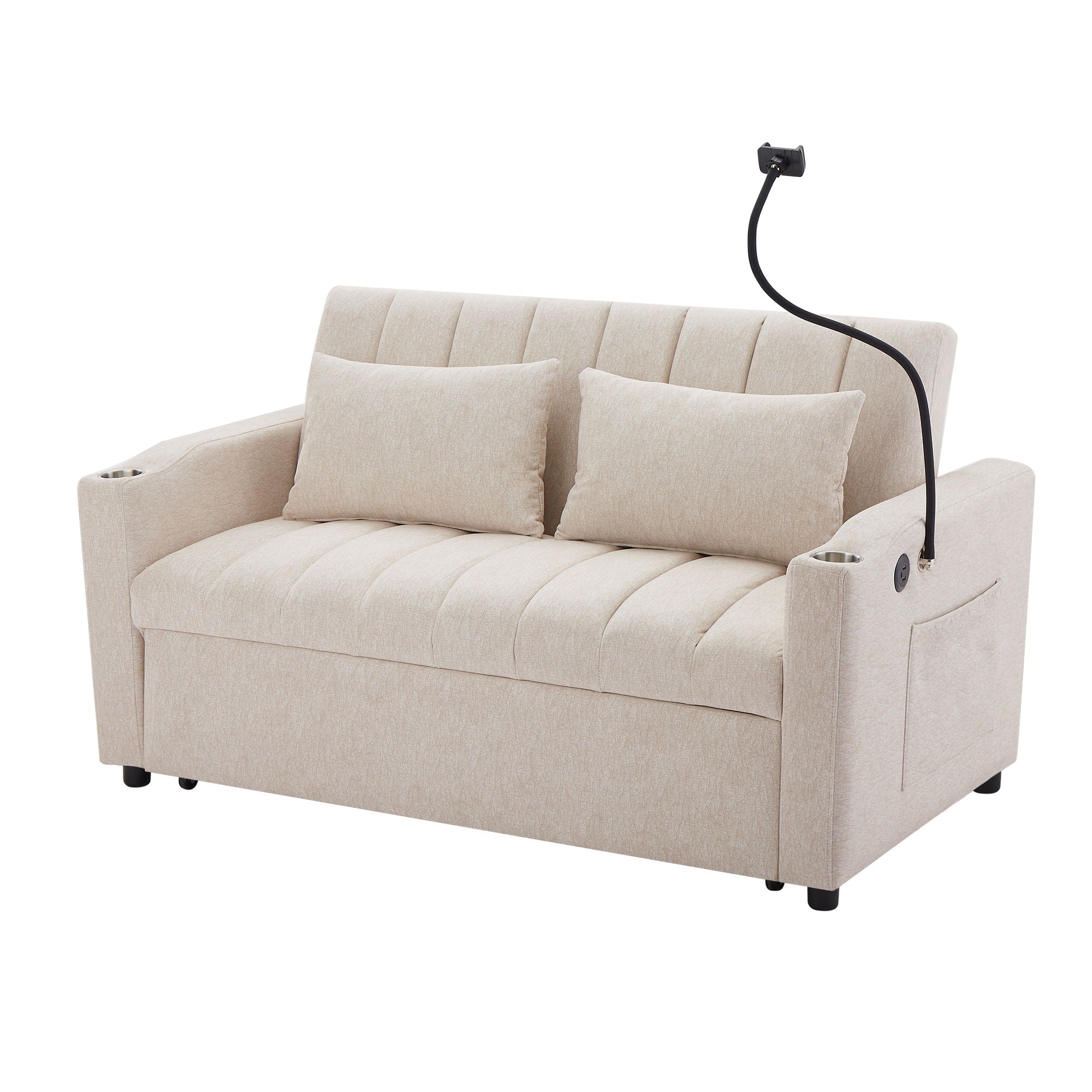 Convertible Sofa Bed Loveseat Sofa With Three USB Ports, Two Side Pockets, Two Cup Holders And 360ÔøΩÔøΩÔøΩÔøΩÔøΩÔøΩÔøΩÔøΩÔøΩÔøΩÔøΩÔøΩÔøΩÔøΩÔøΩÔøΩÔøΩÔøΩÔøΩÔøΩÔøΩÔøΩÔøΩÔøΩÔøΩÔøΩÔøΩÔøΩÔøΩÔøΩÔøΩÔøΩÔøΩ swivel Phone Holder For Living Room - Beige