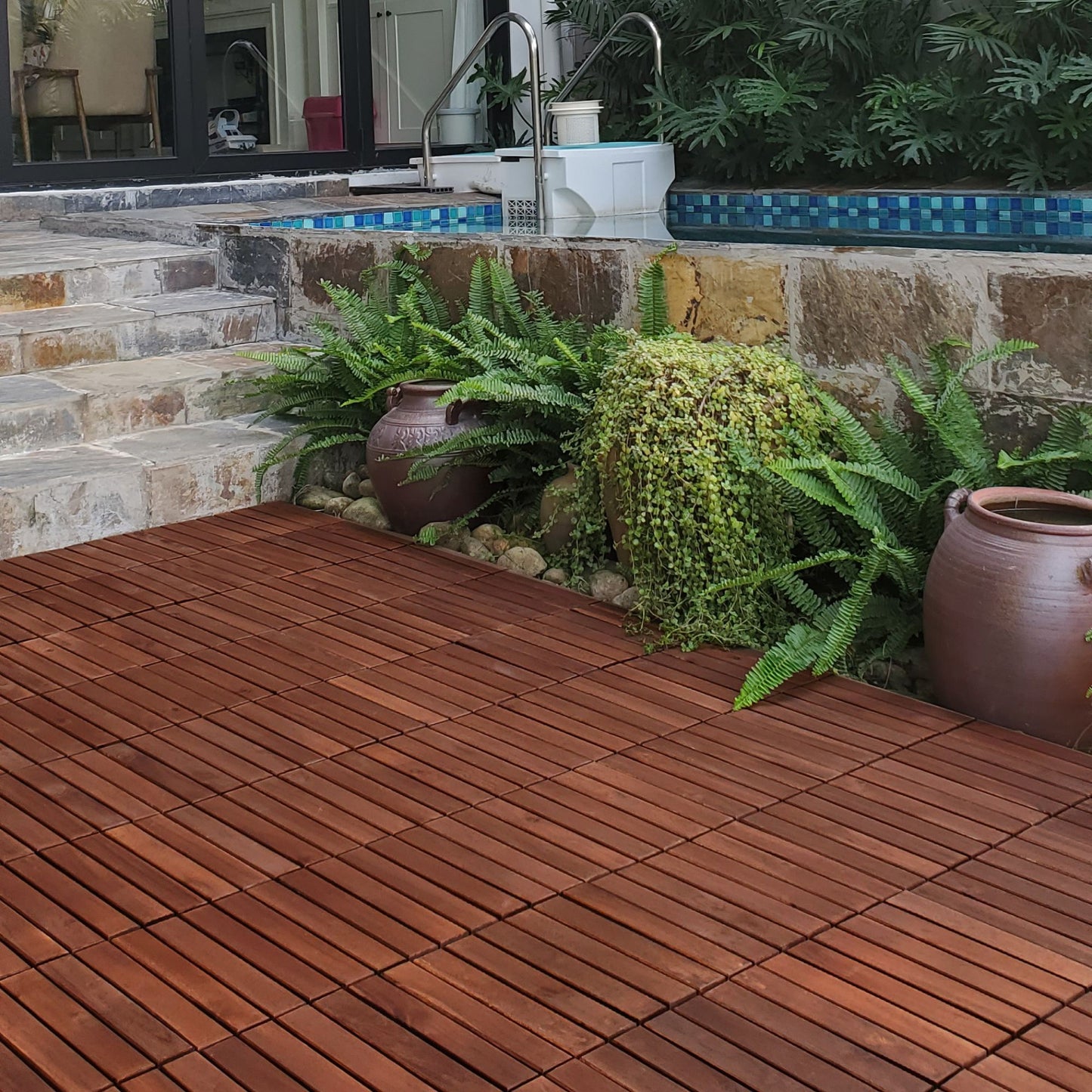 10 Piece Interlocking Deck Tiles Striped Pattern, Square Acacia Hardwood Outdoor Flooring For Patio, Bancony, Pool Side - Brown