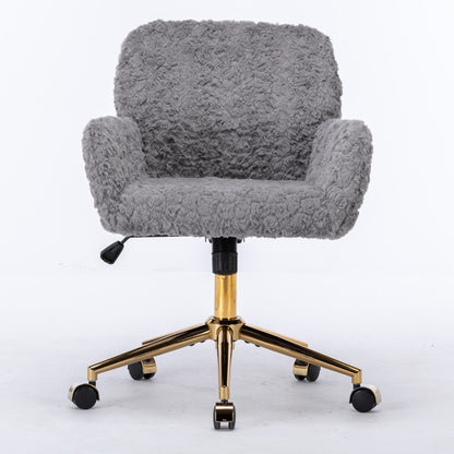 Office Chair, Artificial Rabbit Hair Home Office Chair With Golden Metal Base, Adjustable Desk Chair Swivel Office Chair, Vanity Chair - Gray