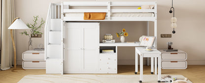 Twin Size Loft Bed With Stairs, Bookshelf, Drawers, Desk & Wardrobe, Space Saving Multifunctional Furniture - White