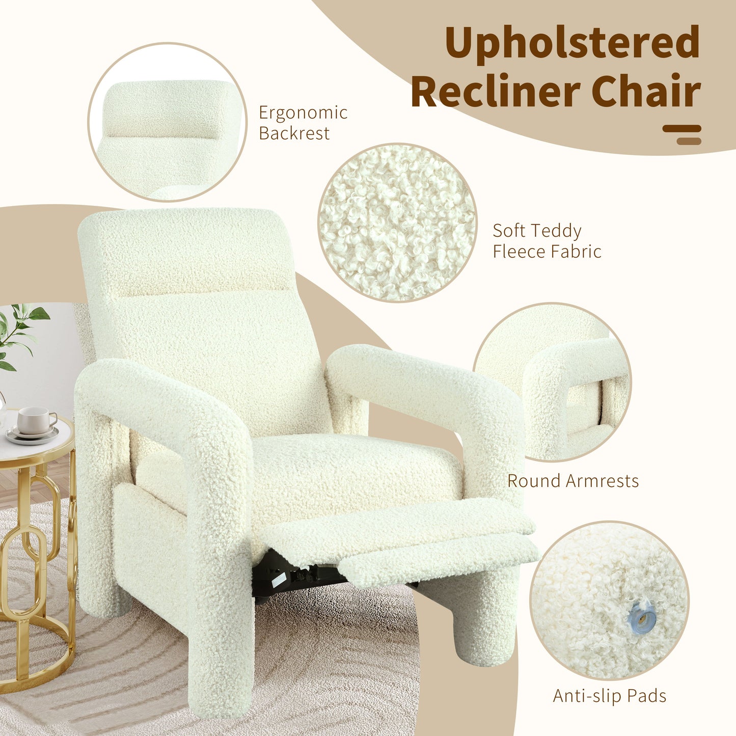 Push Back Recliner Armchair Upholstered Single Sofa With Adjustable Backrest For Living Room - Beige