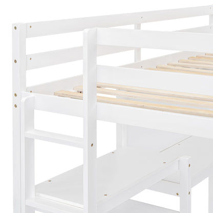 Twin Size Loft Bed With Shelves, Desk And Writing Board - White