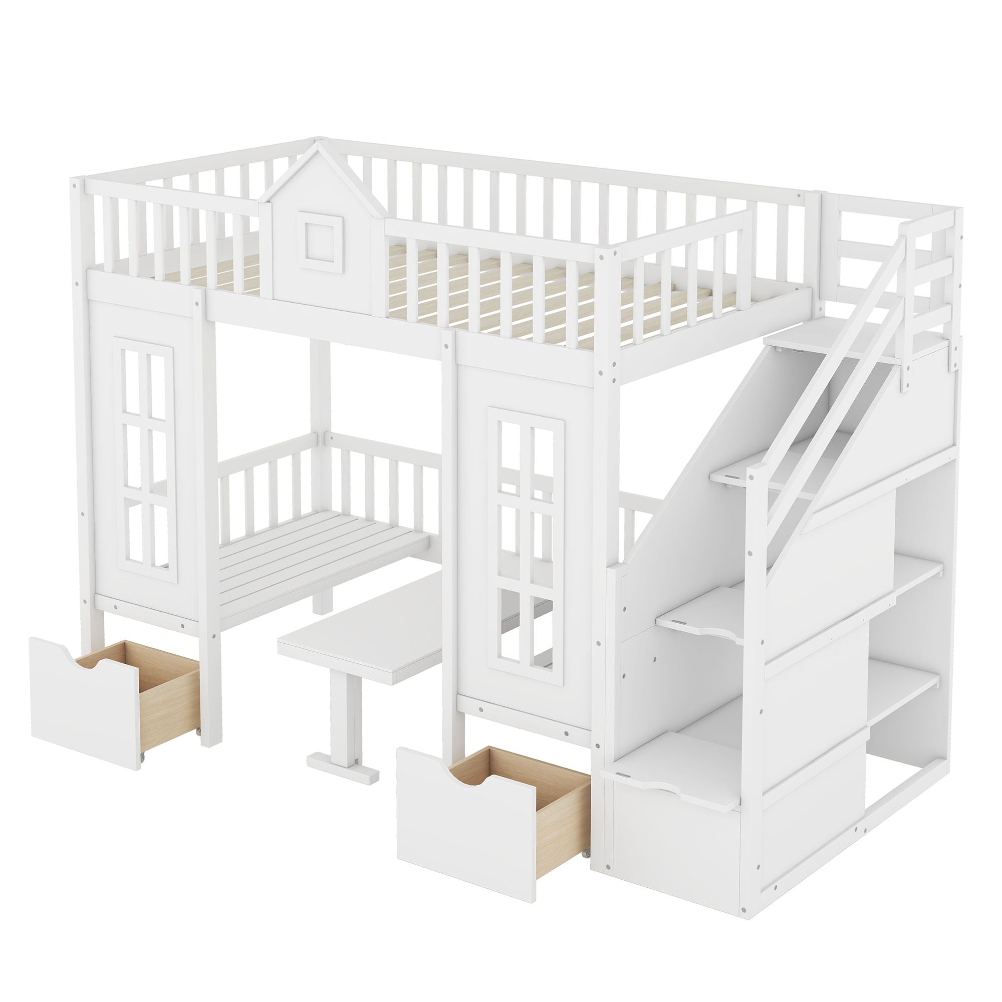 Twin Over Twin Bunk Bed With Changeable Table, Turn Into Upper Bed And Down Desk - White