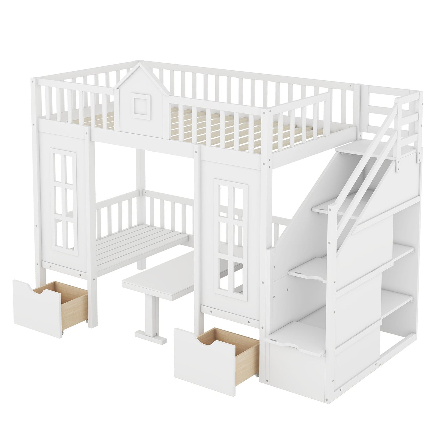 Twin Over Twin Bunk Bed With Changeable Table, Turn Into Upper Bed And Down Desk - White