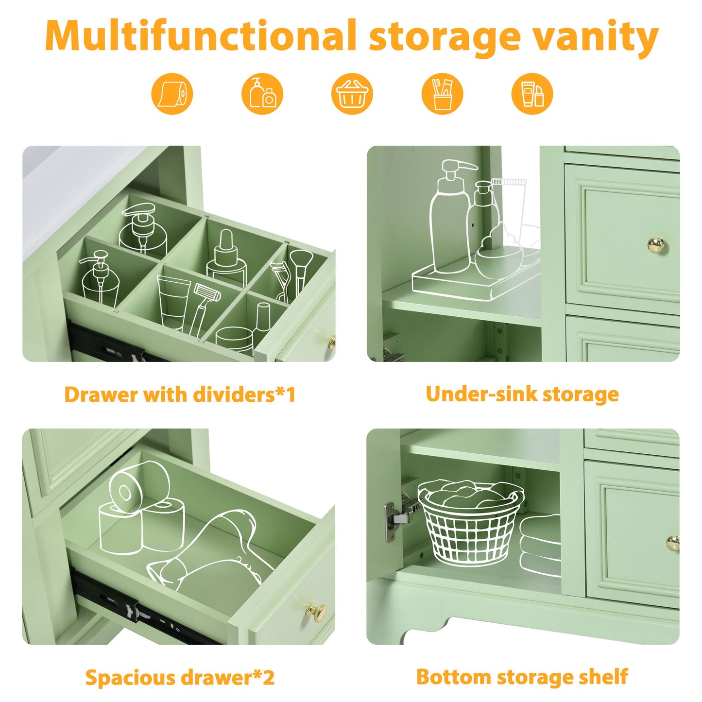 Bathroom Vanity Cabinet With Ceramic Basin, 3 Drawers And Adjustable Shelves - Green