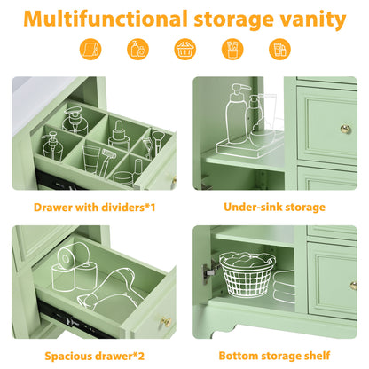 Bathroom Vanity Cabinet With Ceramic Basin, 3 Drawers And Adjustable Shelves - Green