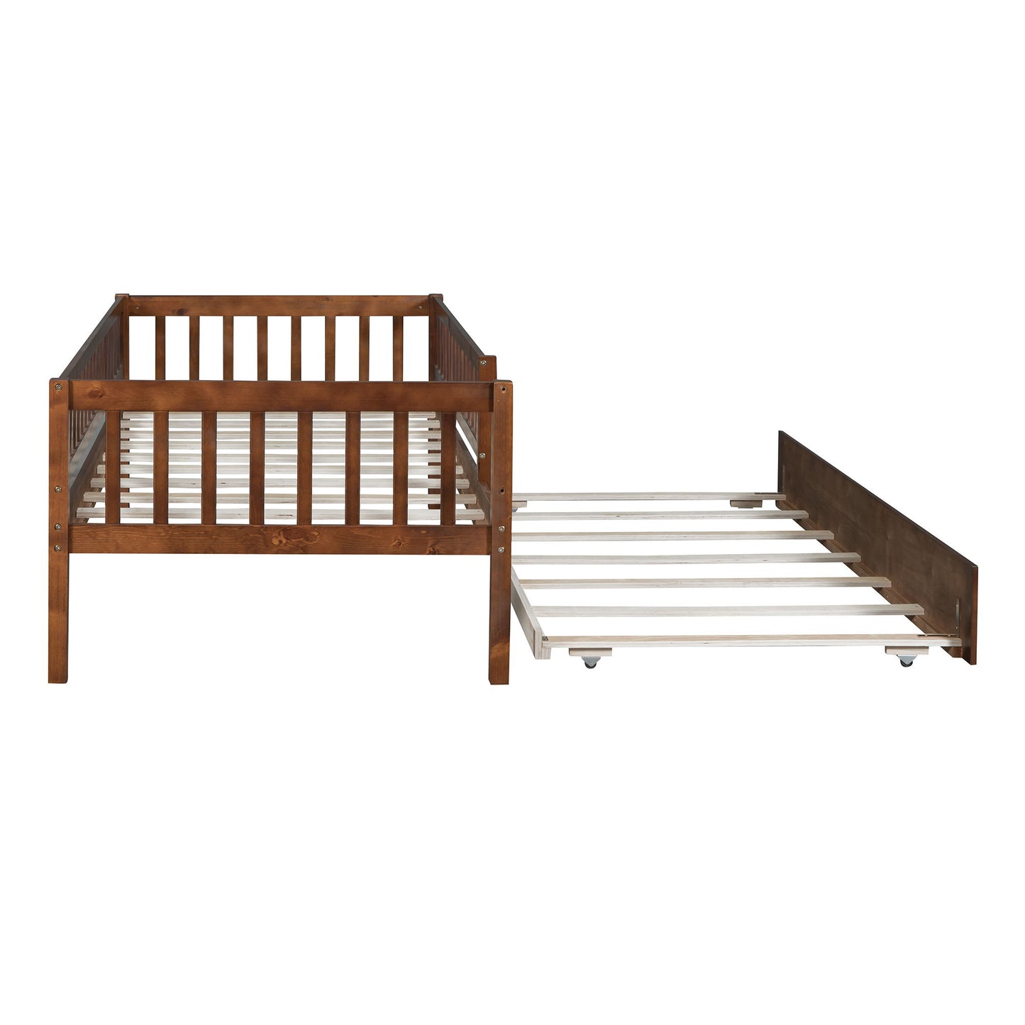 Twin Size Daybed With Trundle And Fence Guardrails - Walnut