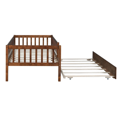 Twin Size Daybed With Trundle And Fence Guardrails - Walnut