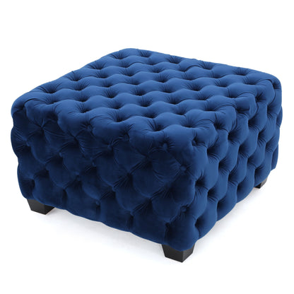 Modern Glam Ottoman With Velvet Upholstery And Button Tufted Design - Navy Blue