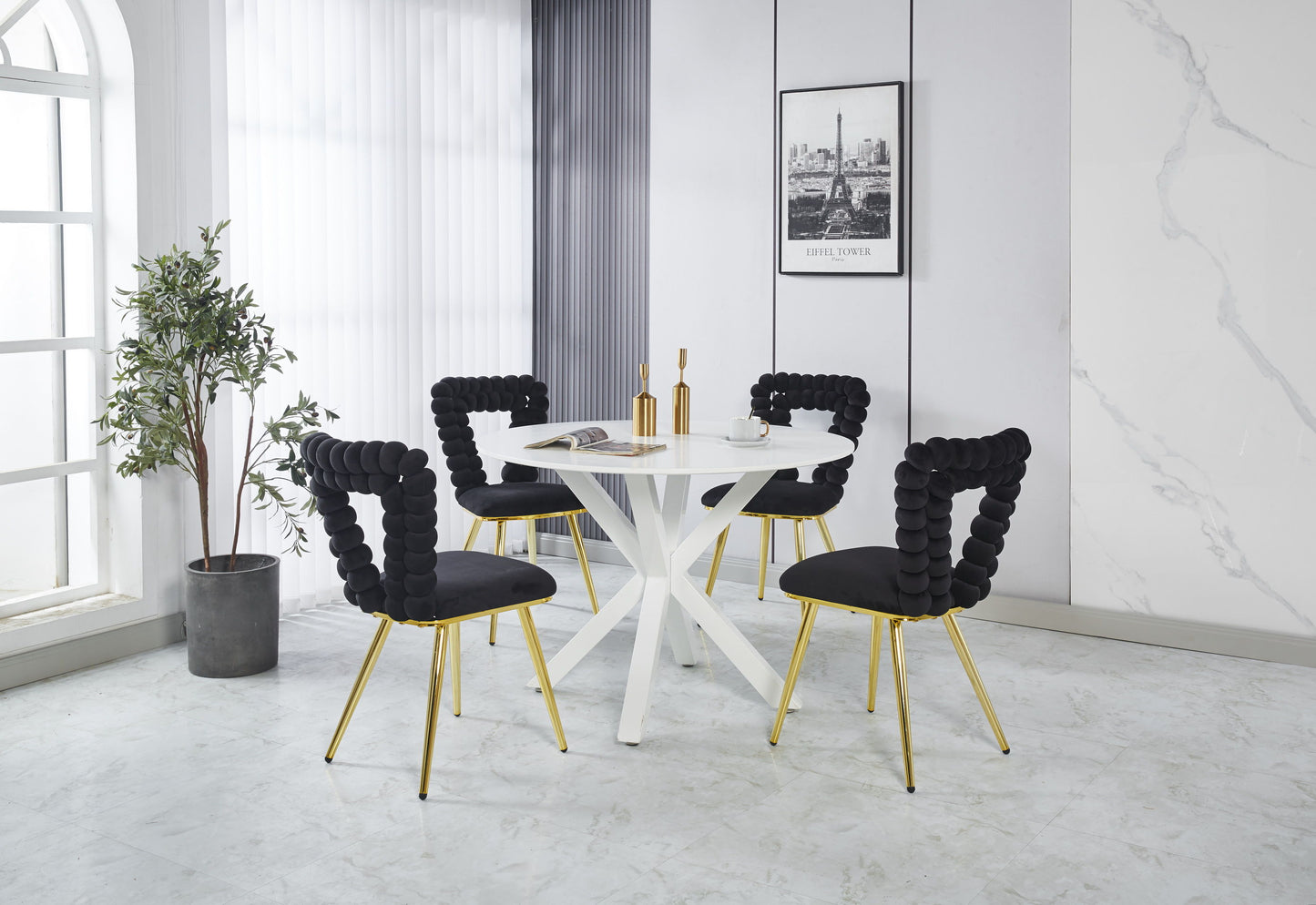 Modern Chair With Golden Iron Tube Legs - Black Soft Cushions And Comfortable Backrest, Suitable For Dining Room, Living Room, Cafe, Hairball Back (Set of 2) - Black