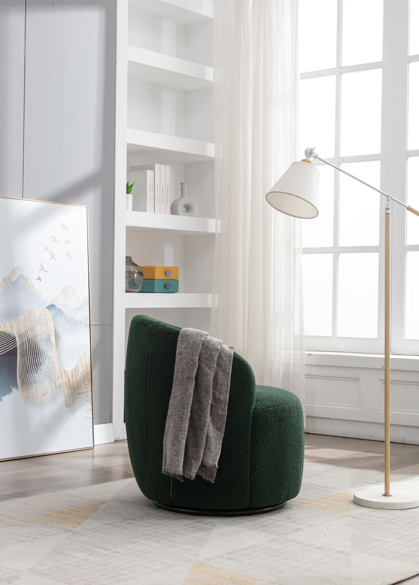 Teddy Fabric Swivel Accent Armchair Barrel Chair With Black Powder Coating Metal Ring - Dark Green