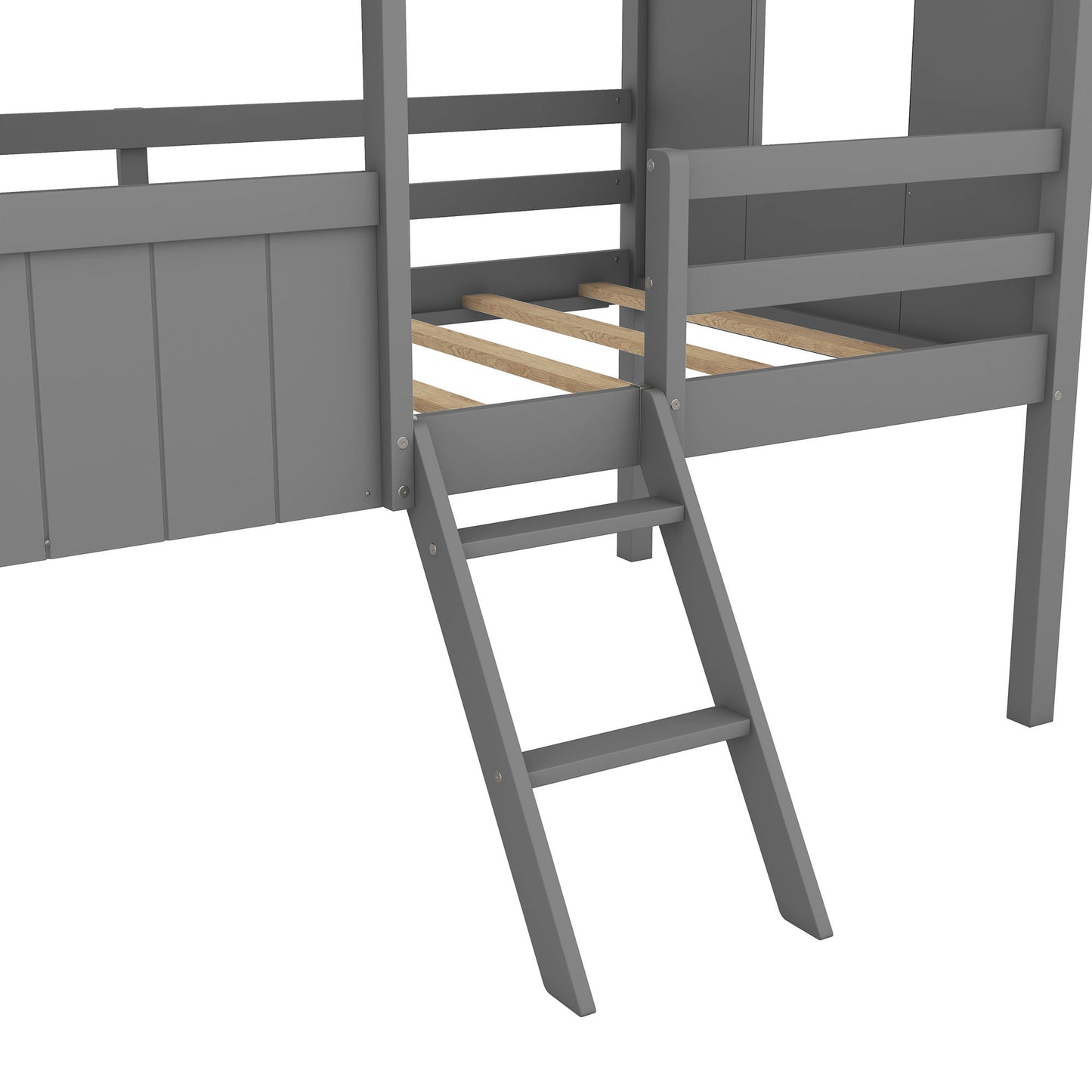Twin Size Low Loft House Bed With Two Side Windows - Gray / Brown