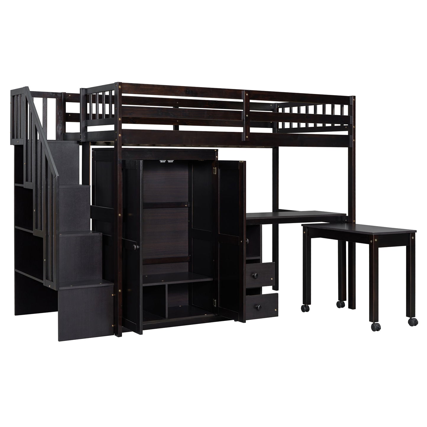 Twin Size Loft Bed With Stairs, Bookshelf, Drawers, Desk & Wardrobe, Space Saving Multifunctional Furniture - Espresso