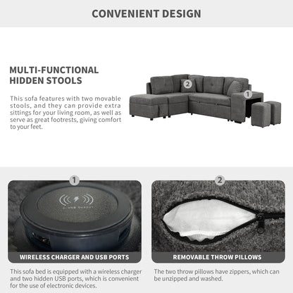 Convertible Sleeper, Sectional Pull Out Sofa Bed With Storage Ottoman, 2 Throw Pillows, 2 Stools, Wireless Charger And Two Hidden USB Ports For Living Room - Dark Gray