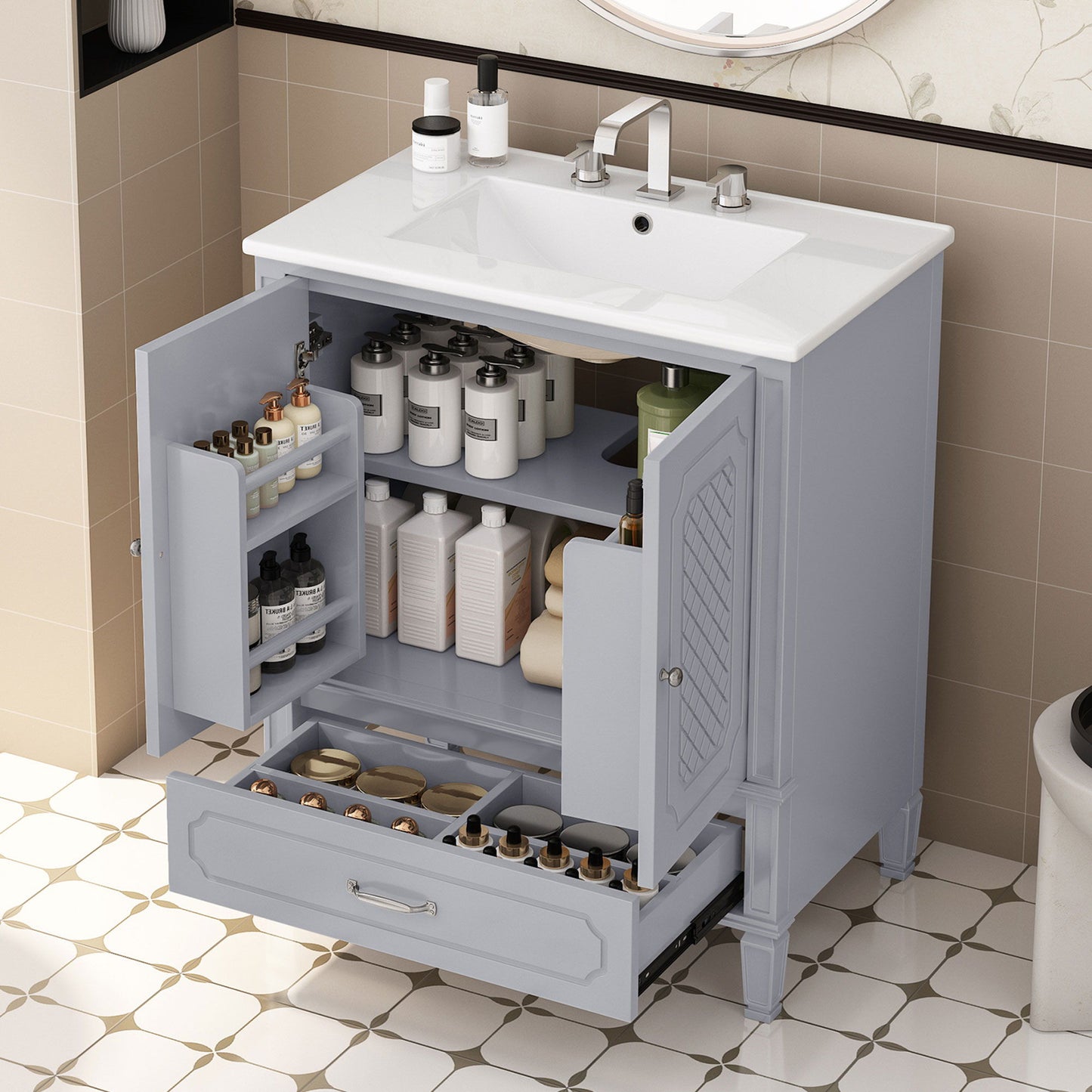 Vintage Style 30" Bathroom Vanity With Sink, Multi Functional Storage, Soft Closing Door - Gray