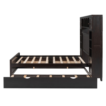 Full Size Bed With All In One Cabinet, Shelf And Sockets, Twin Size Trundle - Espresso