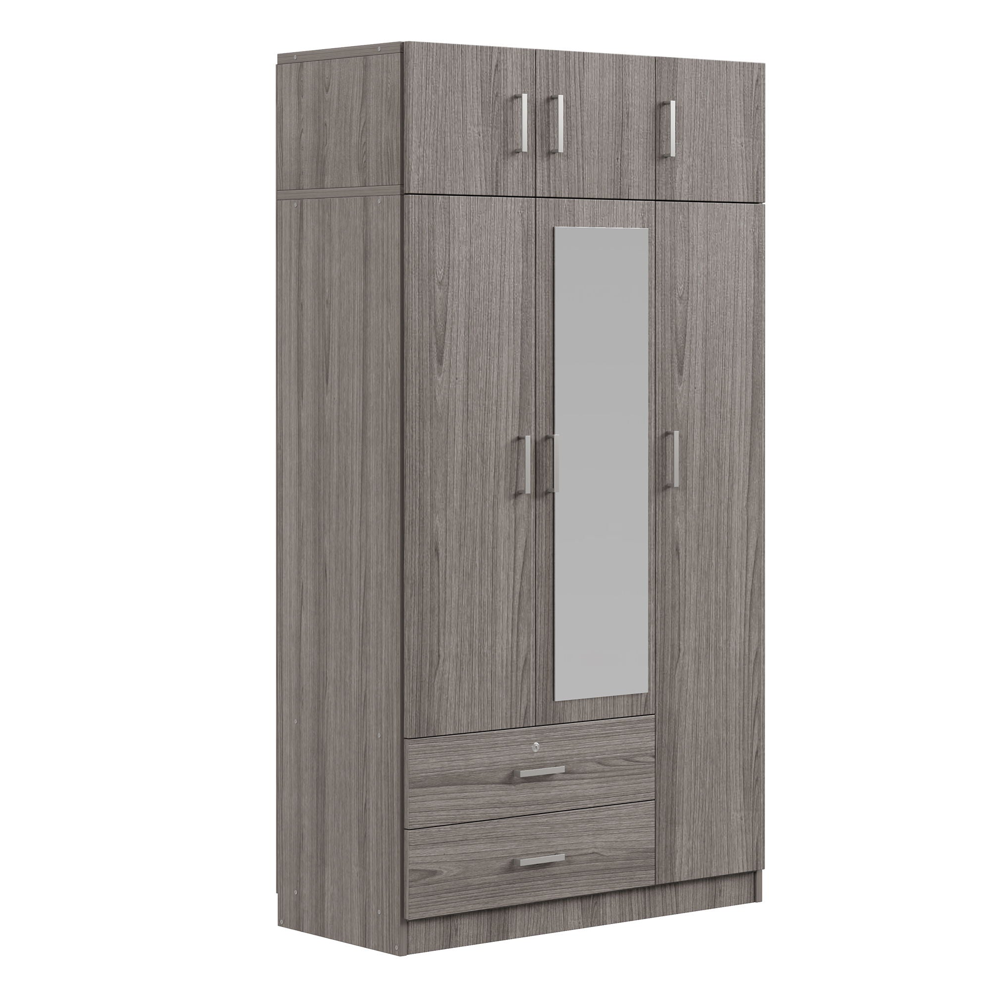 Modern 3 Door Mirror Wardrobe With 2 Drawers And Top Cabinet - Gray