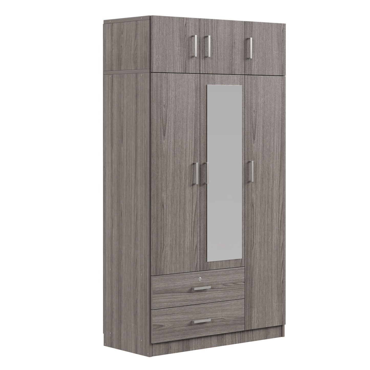 Modern 3 Door Mirror Wardrobe With 2 Drawers And Top Cabinet - Gray