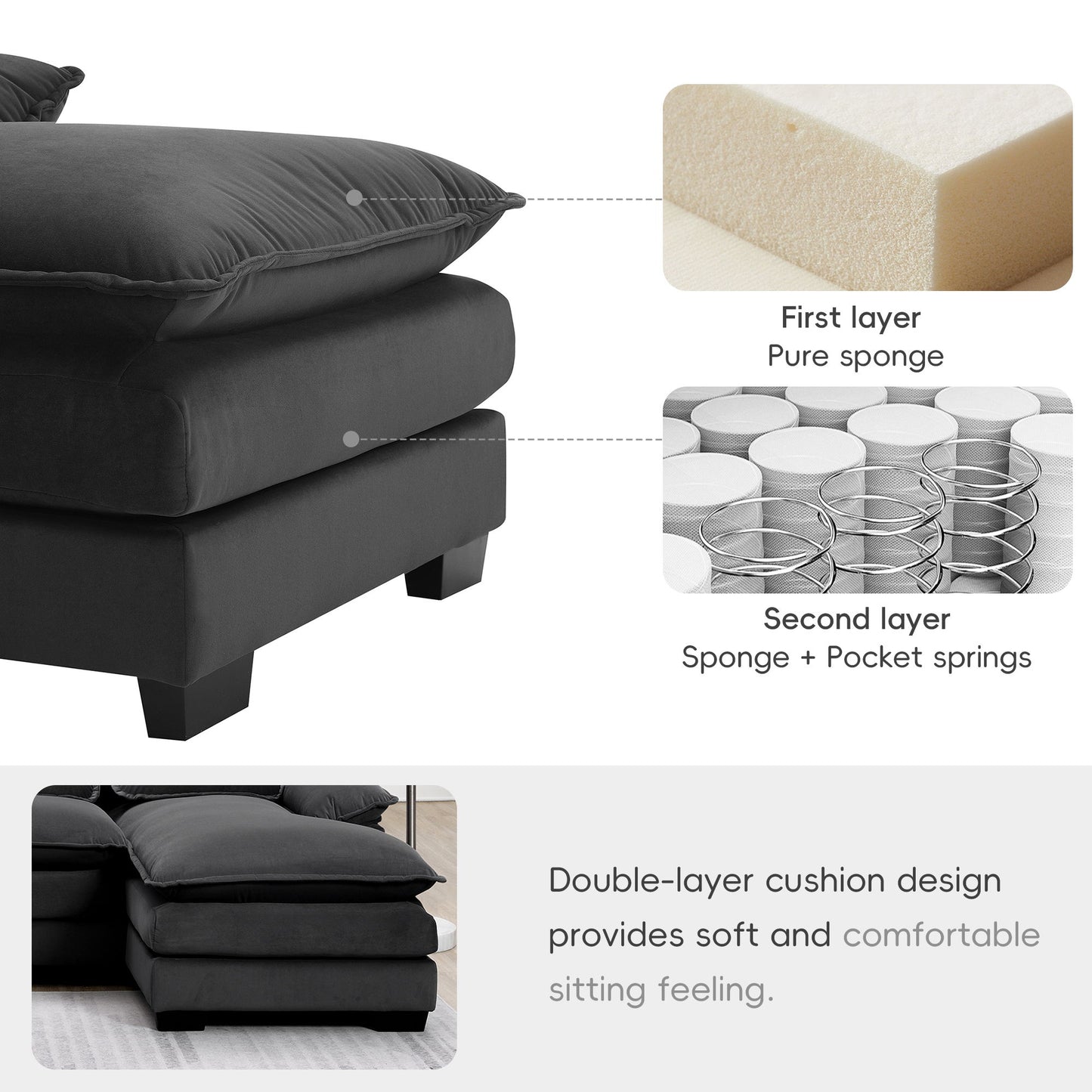 Modern U-Shaped Sectional Sofa With Waist Pillows, 6 Seat Upholstered Symmetrical Sofa Furniture, Sleeper Sofa Couch With Chaise Lounge - Gray
