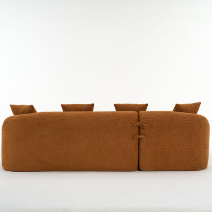 Compression Sofa: Combining Chaise Longue With 3 Seater, Wood Grain Chenille Fabric, Full Sponge Compression Sofa, Combined Sofa With 4 Pillows For Living / Home Furniture / Apartment - Orange